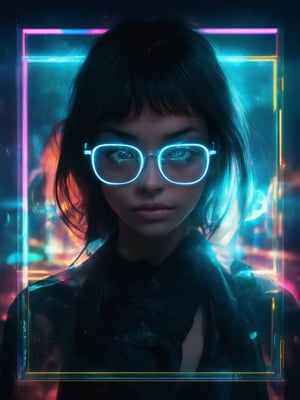 In a dystopian cyberpunk landscape, a captivating girl with clear neon glasses adorns the golden ratio-framed composition. Her intricate features are sharply focused in UHD detail, illuminated by rim light and soft light leaks. Subsurface scattering adds depth to her eyes, which sparkle like diamonds. The decadent atmosphere is set against a vibrant background of complementary colors, all rendered in Octane's highest quality.