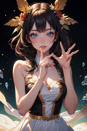 Vibrant masterpiece of surreal whimsy, a captivating 1-girl portrait radiates with intricate details and an aura of cuteness. In a tight close-up, her delicate features are framed by a subtle v-shaped hand sign, as if beckoning the viewer into a world of wonder.