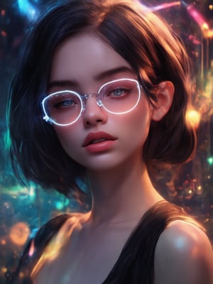 A mesmerizing cyberpunk girl donning clear neon glasses stands against a vibrant backdrop of intricate, decadent details. Golden ratio elements weave throughout the composition, guiding the viewer's gaze. Softly lit by rim light and subtle subsurface scattering, her face glows with an otherworldly intensity. Eyes sparkle like diamonds, set deep within a masterfully illustrated visage. A sea of colorful lights and digital artifacts surrounds her, imbuing the scene with an air of wonder (artgerm, loish, wlop).