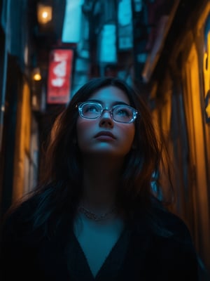 In a dimly lit cyberpunk alleyway, a captivating girl with clear neon glasses gazes upward, her features illuminated by the subtle glow of nearby holographic advertisements. Framed within a golden ratio composition, she stands amidst a tapestry of intricate, decadent details. Her face, rendered in 32k UHD resolution, boasts smooth, sharp focus and masterfully detailed eyes that sparkle with an otherworldly intensity. The atmosphere is bathed in warm, vibrant lighting, complete with light leaks, subsurface scattering, and rim lights that cast a mystical glow on the surrounding walls. In the background, a deep, rich color palette serves as a stunning counterpoint to her radiant features, inviting the viewer into a world of fantasy and wonder.