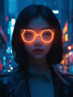 Neon-lit streets of a dystopian metropolis fade into the distance as our cyberpunk heroine stands out in stark relief. Clear neon glasses glisten on her face, casting a warm glow amidst the cold urban landscape. Framed by the golden ratio's harmonious lines, she radiates charm and whimsy. Smooth, high-definition strokes (32k UHD) bring her intricate features to life, as if plucked from the pages of a fantasy novel. Eyes sparkle with an inner light, set against a deep blue background where subtle subsurface scattering creates an otherworldly ambiance. The rim light on her figure adds a touch of drama, while vibrant complementary colors dance across the composition, drawing the viewer's gaze to her captivating presence.