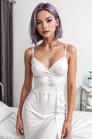 Karato's delicate features contort with concern as she lies on a hospital bed, surrounded by beeping machines and sterile white walls. Her raven hair is mussed, framing her pale face. A simple white gown drapes over her slender form, its V-neckline accentuating her petite collarbone. A silver necklace glints in the fluorescent light, adding a touch of elegance to her otherwise vulnerable pose.