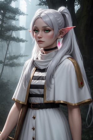 Portrait of Frieren, the elven mage from 'Frieren: Beyond Journey's End', high-resolution artwork. Youthful face with timeless, ethereal beauty. Large, expressive green eyes reflecting centuries of wisdom. Long, flowing silver-white hair with intricate elven styling. Delicate pointed ears. Serene expression with a hint of melancholy. Wearing elegant mage robes in soft, muted colors with subtle magical runes. A magic staff or spell book partially visible. Ethereal magical aura surrounding her. Background blending misty forests and starry skies, symbolizing her long journey. Capture her ageless appearance contrasted with the weight of her experiences.,Extremely Realistic,FrierenSSnF,grey hair, long hair, twintails, parted bangs, earrings, pointy ears,FrierenCasual, striped shirt, white capelet, black belt, white skirt, long sleeves, black pantyhose,FrierenDress, white dress, sleeveless,FrierenWinter, white coat, blue scarf, buttons, long sleeves,grey hair, long hair, ponytail, parted bangs, earrings, pointy ears,FrierenDance, white dress, short sleeves, white choker,frieren