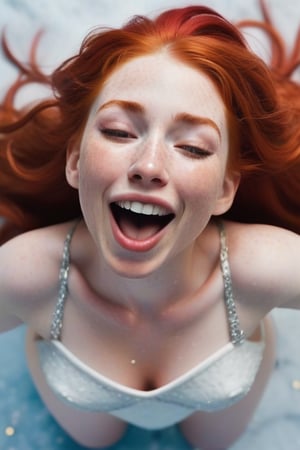 A petite figure with striking red locks cascading down the back, framing a face adorned with freckles. Kneeling in an open-mouthed pose, tongue extended and splayed, as if frozen in mid-laugh. The camera captures this whimsical scene from directly above, emphasizing the subject's intimate connection with the viewer.