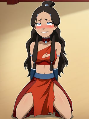 Katara, KataraFire, hypnotized, blushing, girl with expression of pleasure,sexy body, ecchi, pleasured_face, full_body, kneeling, ripped_clothes