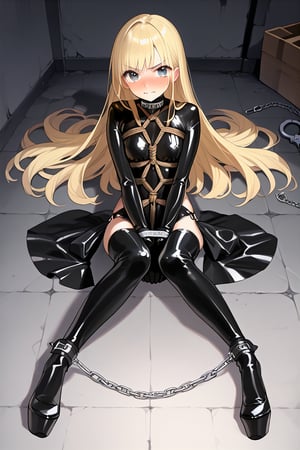 score_9, score_8_up, score_7_up, score_6_up, score_9, score_8_up, score_8, anime, Extremely realistic, cute, blonde girl, adulte, locked in a black latex outfit, unable to move, sealed in a black latex suit, trapped in a black  latex outfit, fixed to the floor, (feet tied together, hands tied together, legs tied together:1.2), 1girl, blushing very hard, (nose blush:1.2), angry, (furious:1.2), hands in front of her, stretched out at full length, lying on the floor, in a dark room, in a dark dungeon, in a dark jail, prisoner, (shibari:1.2), takatekote, (she struggles extremely violently:1.2), handcuffs for hands, handcuffs for feet, submissive collar, high heels,
source_anime