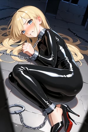 score_9, score_8_up, score_7_up, score_6_up, score_9, score_8_up, score_8, anime, Extremely realistic, cute, blonde girl, adulte, locked in a black latex outfit, unable to move, sealed in a black latex suit, trapped in a black  latex outfit, fixed to the floor, (feet tied together by chains, hands tied together by chains, legs tied together by chains:1.2), 1girl, blushing very hard, (nose blush:1.2), angry, (furious:1.2), hands in front of her, stretched out at full length, lying on the floor, in a dark room, in a dark dungeon, in a dark jail, prisoner, (shibari:1.2), takatekote, (she struggles extremely violently:1.2), handcuffs for hands, handcuffs for feet, submissive collar, high heels,
source_anime