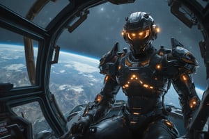 cinematic shot,realistic image, a boy is a operator of robot who are dressing in battle suit and hi-tech helmet,big eyes,japanese face,he sit in a cockpit and operating now,through the transparent window of bin can see the outer space and the planet earth,battle spaceship and fellowship of gundam,his face turn towards camera