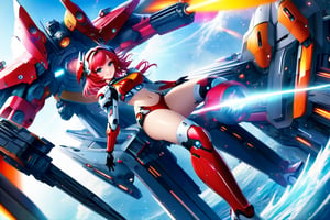 Featuring mecha musume in bikini armor with a science fiction theme, this professional photography offers high-quality, cinematic, and realistic visuals. The characters have long red pink hair,bright eyes, and a crystal-clear appearance. they are shooting hi-tech guns,The photo showcases superb plastic texture and high resolution, with the characters are wearing eyeliner, long eyelashes, rouge, and fair skin.She is depicted looking at the viewer,they are yelling and sweating ,floating in a spaceship,the background is explode battleship and her partners in outerspace, create a full figure body photo,show their legs