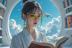 a stunning women reading a ancient book in a futuristic library,she has big eyes,eyeliner,pink lipstick and fluffy yellow glass,she is dressing a white high school navy uniform ,she focus on her book ,the library is a model building as the style of Zaha hadid,cold neon light ,through the high and big window is blue sky and full of flight vehicle