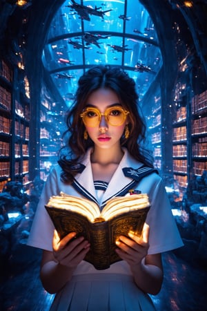 Cinematic shot, realistic image of a stunning woman with big eyes, eyeliner, pink lipstick, and fluffy yellow glasses, dressed in a white high school navy uniform, reading an ancient book in a futuristic library. The library is a model building in the style of Zaha Hadid, illuminated by cold neon lights. Through the high and big window, the blue sky is filled with flight vehicles. The woman is focused on her book, framed in a dynamic composition with the futuristic architecture and flying vehicles in the background.