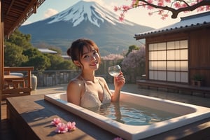 realistic and cinimatic image, a beautiful sexy girl with a good plump figure ,she is taking a bath at a japan traditional outdoor bathroom and smiling to camera,sunshine on her face,romantic atmosphere,background is snowing Fuji mountain scene and sakura tree