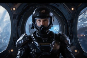 cinematic shot,realistic image, a boy is a operator of robot who are dressing in battle suit and hi-tech helmet,he sit in a cockpit and operating now,through the transparent window of bin can see the outer space and the planet earth,battle spaceship and fellowship of gundam,his face turn towards camera