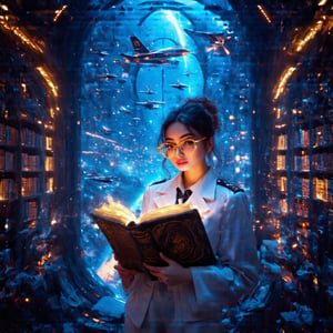 Cinematic shot, realistic image of a stunning woman with big eyes, eyeliner, pink lipstick, and fluffy yellow glasses, dressed in a white high school navy uniform, reading an ancient book in a futuristic library. The library is a model building in the style of Zaha Hadid, illuminated by cold neon lights. Through the high and big window, the blue sky is filled with flight vehicles. The woman is focused on her book, framed in a dynamic composition with the futuristic architecture and flying vehicles in the background.