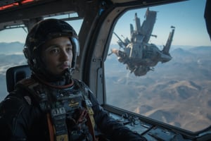 cinematic shot,realistic image, a boy is a operator of robot who are dressing in battle suit and hi-tech helmet,big eyes,japanese face,he sit in a cockpit and operating now,through the transparent window of bin can see the outer space and the planet earth,battle spaceship and fellowship of gundam,his face turn towards camera