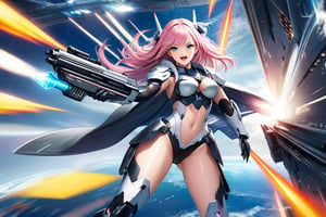 Featuring a mecha musume in bikini armor with a science fiction theme, this professional photography offers high-quality, cinematic, and realistic visuals. The character has long light pink hair,bright eyes, and a crystal-clear appearance. she is shooting a hi-tech gun,The photo showcases superb plastic texture and high resolution, with the character wearing eyeliner, long eyelashes, rouge, and fair skin.She is depicted looking at the viewer,she is yelling and sweating ,she floating in a spaceship,the background is explode battleship and her partners in outerspace, create a full figure body photo,show her legs