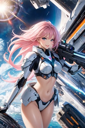 Featuring a mecha musume in bikini armor with a science fiction theme, this professional photography offers high-quality, cinematic, and realistic visuals. The character has long light pink hair,bright eyes, and a crystal-clear appearance. she is shooting a hi-tech gun,The photo showcases superb plastic texture and high resolution, with the character wearing eyeliner, long eyelashes, rouge, and fair skin.She is depicted looking at the viewer,she is yelling and sweating ,she floating in a spaceship,the background is explode battleship and her partners in outerspace, create a full figure body photo,show her legs