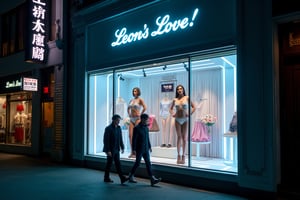 Location is Tokyo street corner ,a light luxury big shopwindow which is a fancy fashion brand 'Leon's Love!',two stunning and beautiful idol face models are rendered in exquisite detail, wearing white lace sexy underwear,they are housed in the shopwindow with neon stripes on them, and the subject's dynamic pose is set against a backdrop of textured night and moonlight.show good figure full body image.a few walkers are passing the shopwindow on street, reminiscent of Kodak film. The shopwindow has a white lighting sign at the top "Leon's Love!'",which is in darker tones, except for the inside of the light box, which is lit.this image is wide shot. The image has a strong ambiguity, enhanced by the lighting and her expressive, sensual expression.