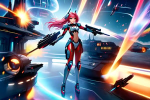 Featuring mecha musume in bikini armor with a science fiction theme, this professional photography offers high-quality, cinematic, and realistic visuals. The characters have long red pink hair,bright eyes, and a crystal-clear appearance. they are shooting hi-tech guns,The photo showcases superb plastic texture and high resolution, with the characters are wearing eyeliner, long eyelashes, rouge, and fair skin.She is depicted looking at the viewer,they are yelling and sweating ,floating in a spaceship,the background is explode battleship and her partners in outerspace, create a full figure body photo,show their legs