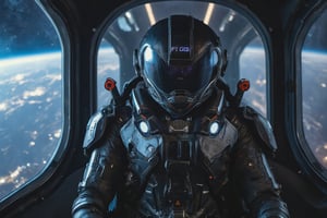 cinematic shot,realistic image, a boy is a operator of robot who are dressing in battle suit and hi-tech helmet,he sit in a cockpit and operating now,through the transparent window of bin can see the outer space and the planet earth,battle spaceship and fellowship of gundam,his face turn towards camera