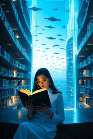 Cinematic shot, realistic image of a stunning woman with big eyes, eyeliner, pink lipstick, and fluffy yellow glasses, dressed in a white high school navy uniform, reading an ancient book in a futuristic library. The library is a model building in the style of Zaha Hadid, illuminated by cold neon lights. Through the high and big window, the blue sky is filled with flight vehicles. The woman is focused on her book, framed in a dynamic composition with the futuristic architecture and flying vehicles in the background.