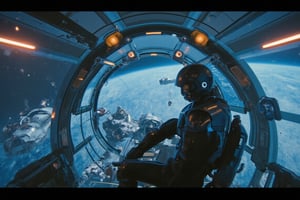 cinematic shot,realistic image, a boy is a operator of robot Gundam who are dressing in battle suit and hi-tech helmet,he sit in a bin of gundam and operating now,through the transparent window of bin can see the outer space and the planet earth,battle spaceship and fellowship of gundam,his face turn towards camera