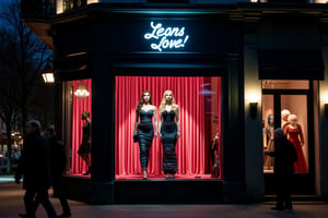 Location is Paris street corner ,a light luxury big shopwindow which is a fancy fashion brand 'Leon's Love!',two stunning and beautiful idol face models are rendered in exquisite detail, wearing sexy dress,they are housed in the shopwindow with neon stripes on them, and the subject's dynamic pose is set against a backdrop of textured night and moonlight.show good figure full body image.a few walkers are passing the shopwindow on street, reminiscent of Kodak film. The shopwindow has a white lighting sign at the top "Leon's Love!'",which is in darker tones, except for the inside of the light box, which is lit.this image is wide shot. The image has a strong ambiguity, enhanced by the lighting and her expressive, sensual expression.