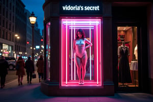 Location is New York street corner ,a light luxury big shopwindow which is a fancy fashion brand 'Leong's Love!',a stunning and beautiful idol face is rendered in exquisite detail, wearing white lace sexy underwear, She is housed in the shopwindow with neon stripes on her, and the subject's dynamic pose is set against a backdrop of textured night and moonlight.show plump figure full body image.a few walkers are passing the shopwindow on street, reminiscent of Kodak film. The shopwindow has a white lighting sign at the top "victoria's secret",which is in darker tones, except for the inside of the light box, which is lit.this image is wide shot. The image has a strong ambiguity, enhanced by the lighting and her expressive, sensual expression.