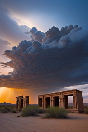 lightning sky over desert ruins at dusk