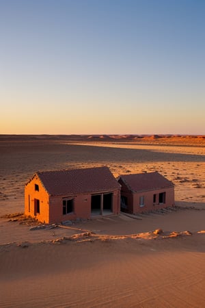 abandoned brick buildings in desert at sunset