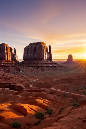 abandoned brick buildings in monument valley at sunset