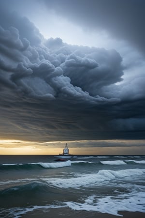 stormy sky over ocean with sinking ship