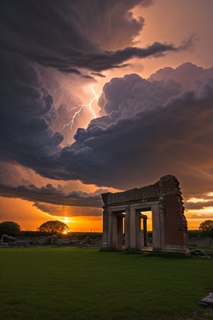 lightning sky over ruins at dusk