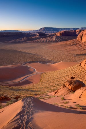 red rock desert view with jagged mountain in distance at night