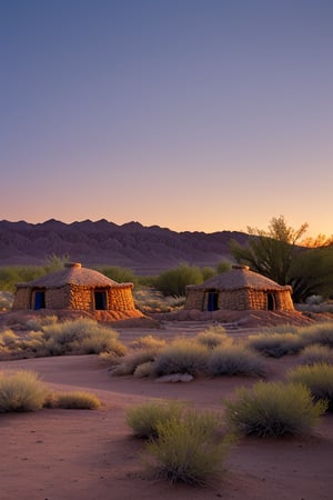 paiute dwellings by desert river at dusk