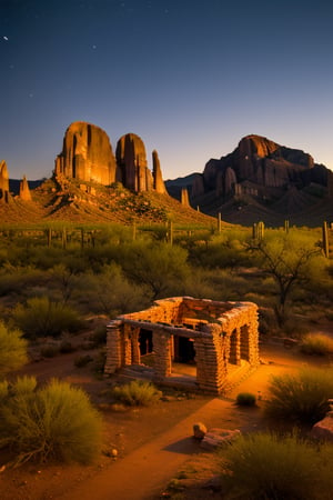 pioneer ruins in superstition mountains at night