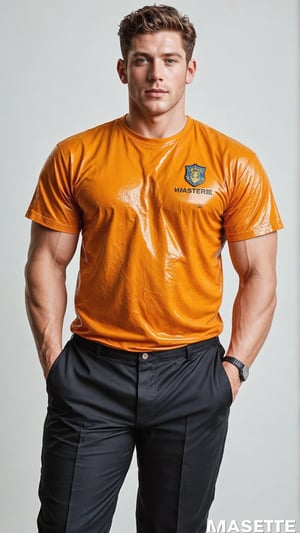 score_9, score_8_up, score_7_up, score_6_up,  rating_explicit, oiled skin,  Expressiveh,best quality,masterpiece, masterpiece, best quality, ultra_detailed, highres, 
A handsome muscular man ( 20y ,student, orange uniform, orange t-shirt with "BTEC" printed on it, long black pants, short black hair), 
at the university, Solo_Focus, full body 