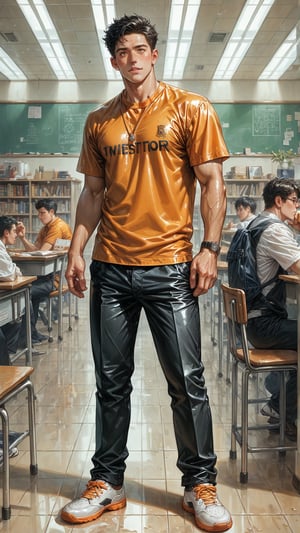 score_9, score_8_up, score_7_up, score_6_up,  rating_explicit, oiled skin,  Expressiveh,best quality,masterpiece, masterpiece, best quality, ultra_detailed, highres, 
A handsome muscular man ( 20y ,student, orange uniform, orange t-shirt with "BTEC" printed on it, long black pants, short black hair), 
at the university, Solo_Focus, full body 