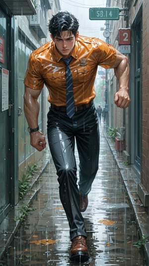 score_9, score_8_up, score_7_up, score_6_up,  rating_explicit, Expressiveh,best quality,masterpiece, masterpiece, best quality, ultra_detailed, highres, 
A handsome muscular man ( 20y ,student, oiled skin, orange uniform, long black pants, short black hair), running, in the rain,
at the university, Solo_Focus, full body 