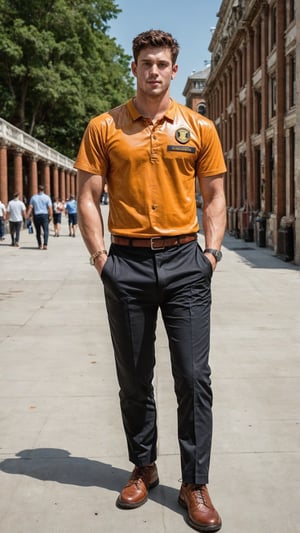 score_9, score_8_up, score_7_up, score_6_up,  rating_explicit, oiled skin,  Expressiveh,best quality,masterpiece, masterpiece, best quality, ultra_detailed, highres, 
A handsome muscular man ( 20y ,student, orange uniform, orange t-shirt with "BTEC" printed on it, long black pants, short black hair), 
at the university, Solo_Focus, full body 