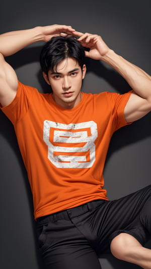 score_9, score_8_up, score_7_up, score_6_up,  rating_explicit, oiled skin,  Expressiveh,best quality,masterpiece, masterpiece, best quality, ultra_detailed, highres, 
A handsome muscular man ( 20y ,student, orange uniform, orange t-shirt with "BTEC" printed on it, long black pants, short black hair), 
at the university, Solo_Focus, full body 