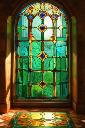 A stunning stained glass window glows with vibrant colors, set against a warm wooden frame, casting intricate patterns on the floor. Delicate panes of emerald green, sapphire blue, and amber orange refract soft light, illuminating the surrounding architecture.