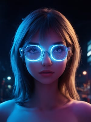 In a futuristic cityscape, a captivating cyberpunk girl stands out against a dark backdrop. She wears clear neon glasses that glow with an otherworldly intensity. Framed by intricate details and the golden ratio, her face is rendered in stunning 32k UHD. With smooth, sharp focus, her eyes shine like stars, filled with warmth and charm. Her entire being exudes a sense of joy and upliftment. The scene is bathed in beautiful lighting, featuring light leaks, subsurface scattering, and rim lighting that creates depth and dimension. The vibrant complementary colors pop against the dark background, drawing the viewer's attention to her captivating presence.