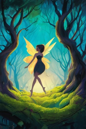 A whimsical 2D illustration of a mystical forest at dusk, with towering trees and twisted vines illuminated by a warm orange-gold light. A delicate fairy perches on a moss-covered branch, her iridescent wings glimmering in the soft glow. The atmosphere is tranquil, with hints of magic in the air.