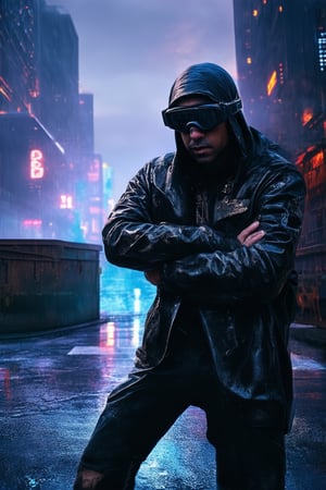 A dark, gritty cityscape at dusk: neon lights reflect off wet pavement as a lone hacker, dressed in ripped leather and augmented reality goggles, leans against a rusted dumpster, arms crossed, eyes fixed on the holographic interface projecting from their cyberdeck. The air is thick with smoke and tension.