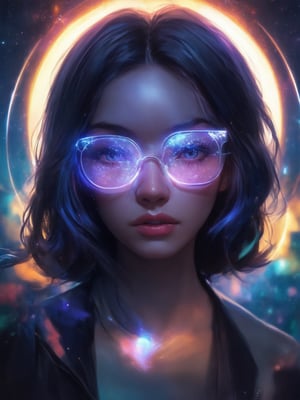 A cyberpunk girl with clear neon glasses stands majestically in the midst of a futuristic cityscape. Framed by a warm golden ratio composition, she's bathed in a kaleidoscope of vibrant complementary colors. Octane Render brings her intricate details to life, showcasing decadent digital painting at its finest. Heartwarming and uplifting, her charming expression radiates from within. Her eyes, painted with precision, sparkle like stars in the night sky. Light leaks and subsurface scattering create an ethereal glow, while rim light highlights her delicate features. The deep background hums with activity, yet she remains the focal point of this masterpiece, a true work of art by ArtGerm or Loish.