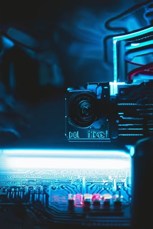 A close-up shot of a sleek, high-tech gaming console, 'Pixel All In', surrounded by neon-lit circuit boards and wires, with a faint blue glow emanating from the screen. The camera zooms in on the console's textured surface, with bright LED lights flashing in rhythm to emphasize its cutting-edge technology.