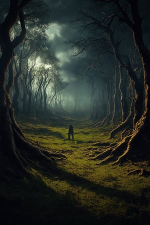 Depicts a hauntingly lit, darkened world where twisted, gnarled trees pierce the sky like skeletal fingers. The camera's gaze lingers on the eerie forest floor, where shadows dance and flicker like malevolent spirits. In the distance, a lone figure emerges, shrouded in darkness, as if summoned by the foreboding atmosphere.