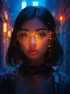 In a dimly lit, neon-drenched alleyway, a cyberpunk girl with clear glasses that glow like tiny lanterns gazes wistfully into the distance. Her golden ratio-perfect features are illuminated by a warm, rim light that accentuates her intricate, decadent cybernetic enhancements. The camera frames her in a majestic, 32k UHD composition, set against a deep, vibrant background of complementary colors. Light leaks and subsurface scattering create an otherworldly ambiance, while sharp focus highlights the delicate details of her face and eyes, a true masterpiece of digital painting.