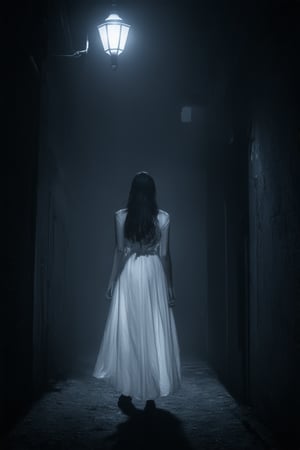 A mysterious darkness with hints of pretty hues. A dimly lit alleyway at midnight, the only illumination coming from a distant streetlamp casting long shadows on the walls. In the center, a lone figure in a flowing white dress stands out against the dark backdrop, her features illuminated by a soft glow emanating from within her clothing, like a beacon of prettiness in the midst of darkness.